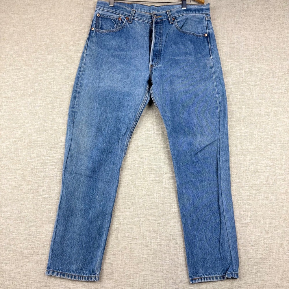Vintage Levis 501 Mens 34x32 Light Distress Wash Denim 90s Button Fly